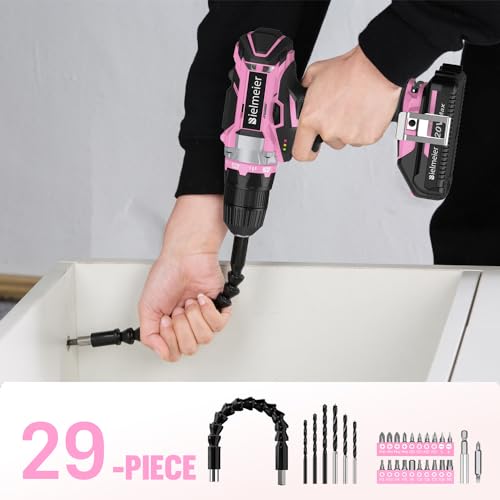 20V MAX Cordless Drill Set with LED Light & 28pcs Bits (Pink)