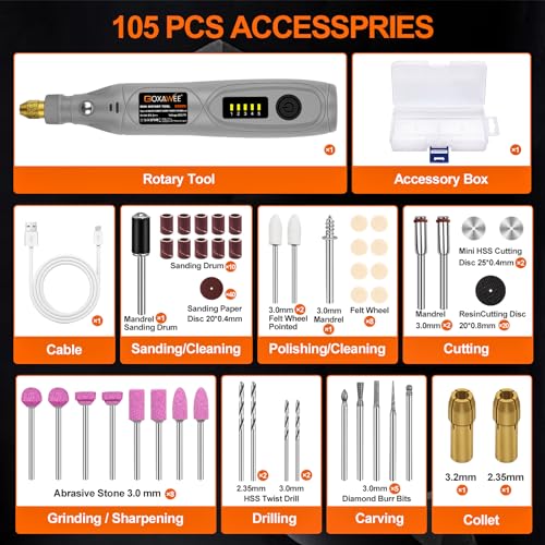 Mini Cordless Rotary Tool with 105 Accessories for Crafting and DIY (Grey)