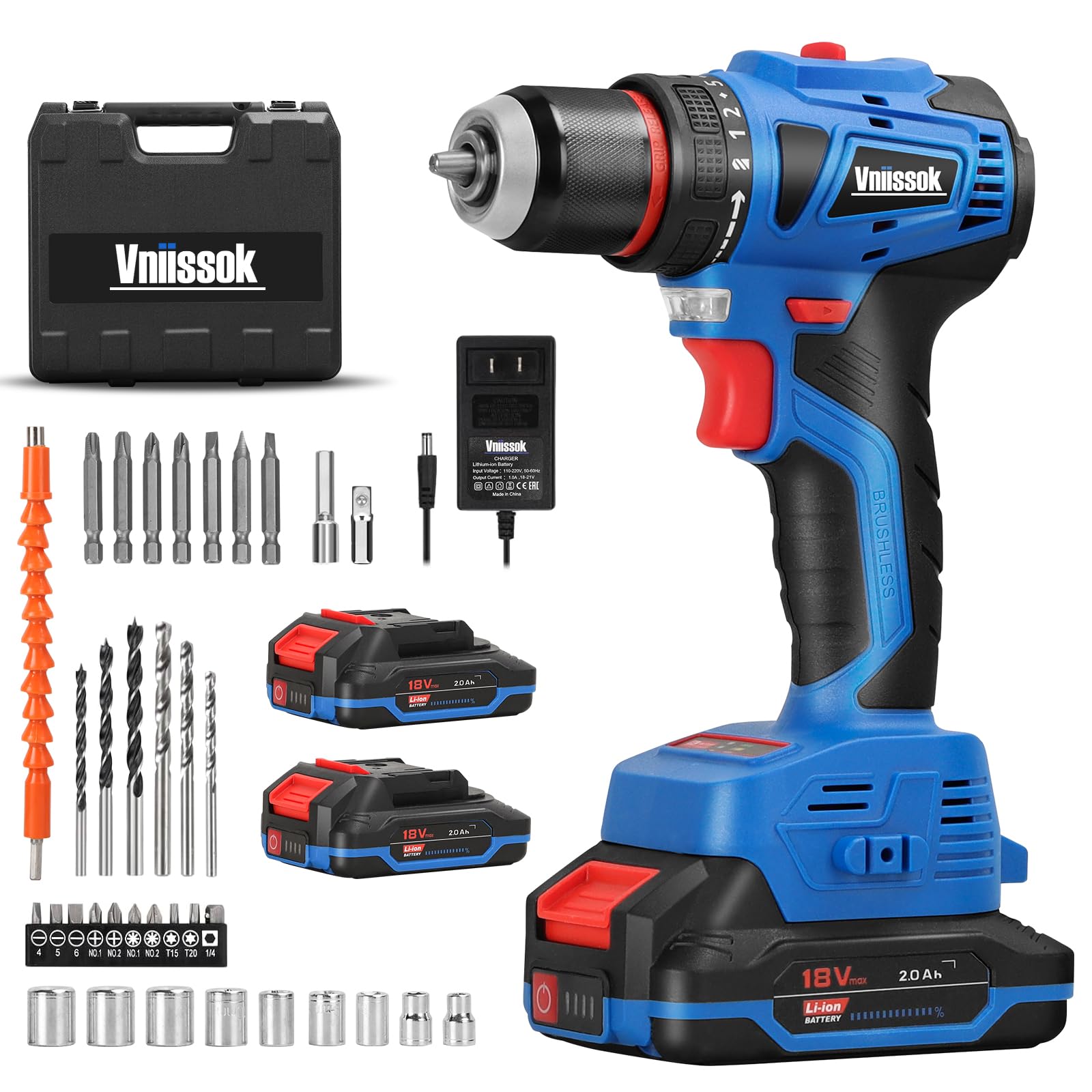18V Brushless Blue Cordless Drill Set with Battery, Charger, LED & 39pcs Accessories