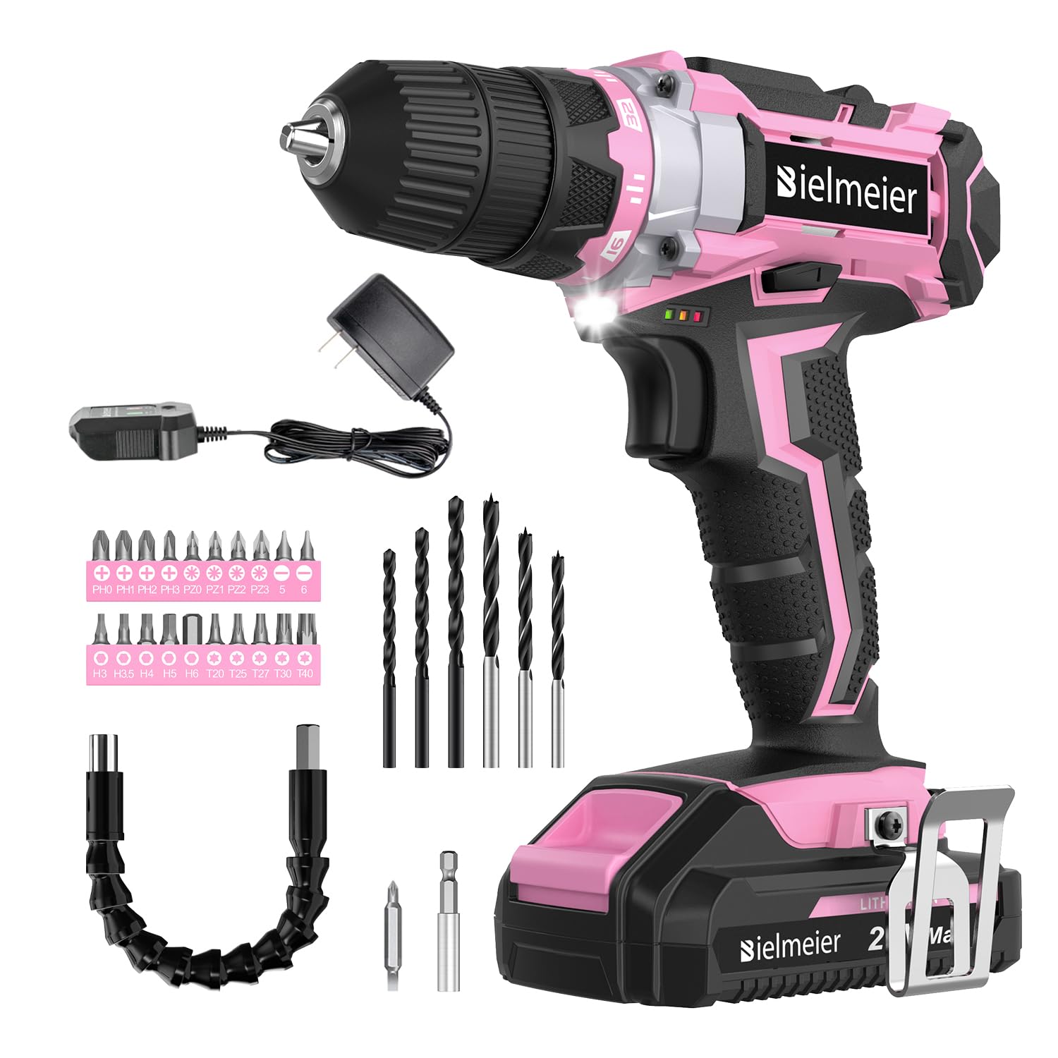 20V MAX Cordless Drill Set with LED Light & 28pcs Bits (Pink)